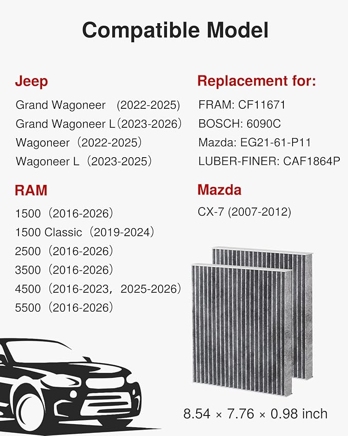 Puroma Cabin Air Filter with Activated Carbon, Replacement for CF11671, 6090C, CAF1864P, Mazda: EG21-61-P11, Jeep Grand Wagoneer, Wagoneer, Mazda CX-7, RAM 1500, 1500 Classic, 2500, 3500, 4500, 5500