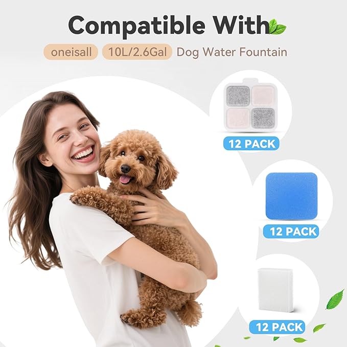 24 Pack Filters for oneisall 10L/2.6Gal Stainless Steel Large Dog Water Fountain, Ion Exchange Resin with Coconut Shell Activated Carbon Refills, 12 Filters &12 Pre-Filter Sponges &12 Pump Sponges