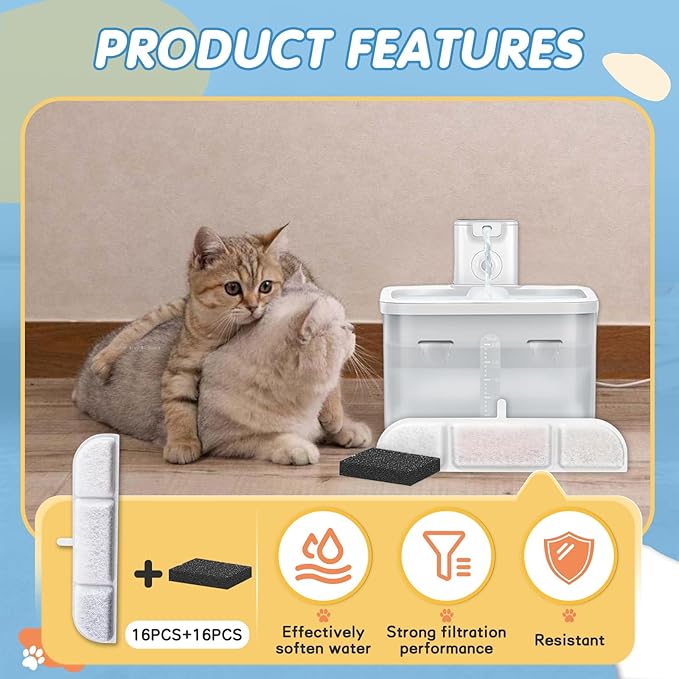 16 Packs Replacement Filters Compatible with Downy Paws Cat Water Fountain - Triple Filtration Filters for DownyPaws 84oz/2.5L Wireless Pet Fountain DPWFP6 (16 Filters & 16 Sponges)