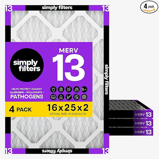 Simply 16x25x2 Air Filter, MERV 13, 4 Pack, Furnace Air Filter for HVAC (Actual Size: 15.5"x24.5"x1.75") DUST, Pet & Allergy Control