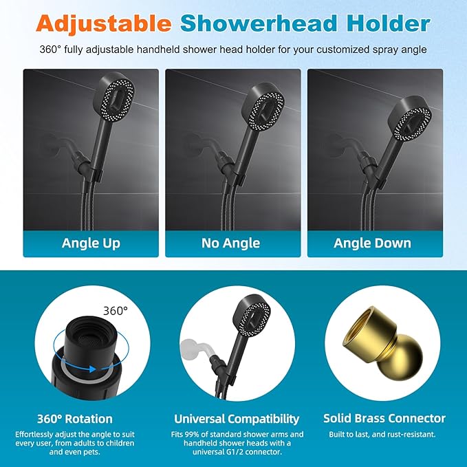 Hibbent Filtered Showerhead with handheld, High Pressure 5 Sprays Shower Head, Anti-clog Nozzles, Brass Holder & 71" Metal Hose, 3 Water Softener Filter Remove Chlorine, Reduce Dry Itchy Skin, Black