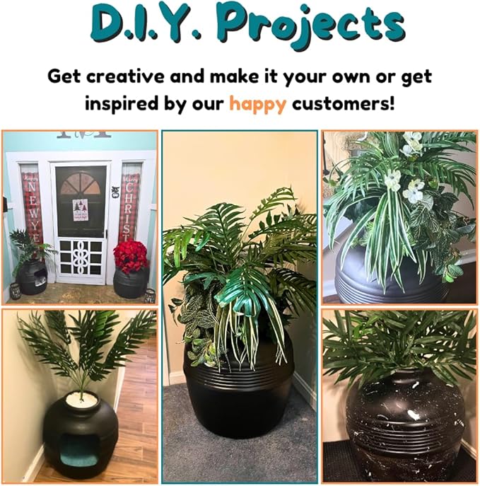 Good Pet Stuff Hidden Litter Box Planter, Decorative Cat Litter Enclosure with Carbon Filter & Faux Plant, Made in USA, Removable Liner, Odor Control, NEW Round Style, Essentials Kit, Matte Black