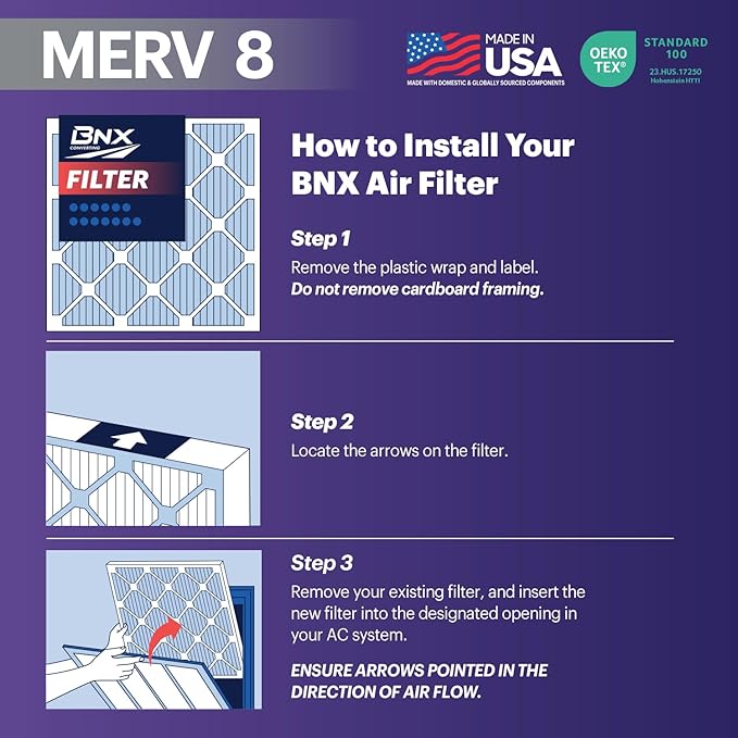 BNX TruFilter 14x24x1 Air Filter MERV 8 (6-Pack) - MADE IN USA – Dust & Pet Defense Air Conditioner HVAC AC Furnace Filters for Dust, Pet, Mold, Pollen MPR 600 – 700 & FPR 5