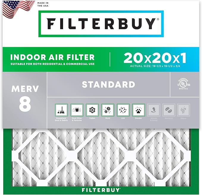 Filterbuy 20x20x1 Air Filter MERV 8 Essential Dust & Allergy Defense (1-Pack), Electrostatic Pleated HVAC AC Furnace Filters Replacement, Made in USA (Actual Size: 19.50 x 19.50 x 0.75)