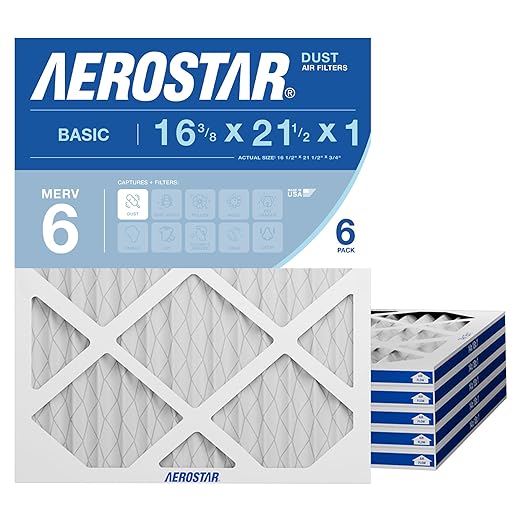 Aerostar 16.375 x 21.5 x 1 MERV 6 Air Filter, 6 Count, ACTUAL SIZE (16.375 x 21.50 x 0.75), HVAC, Furnace Filter for Dust, Lint & Pollen Control (MPR 300 / FPR 3) Fits Carrier systems, Made in USA
