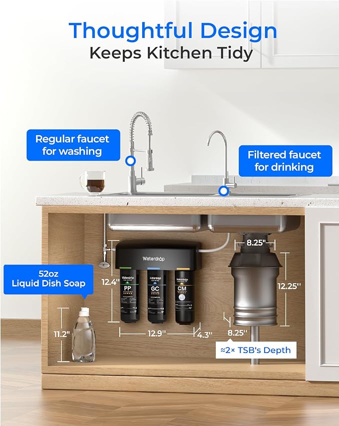 Waterdrop TSB-10-CM Under Sink Water Filter System Reduce Chloramine, Chlorine for CA, FL and Washington, D.C., Under Sink Water Filtration System with Brushed Nickel Faucet,NSF/ANSI 42 Certified