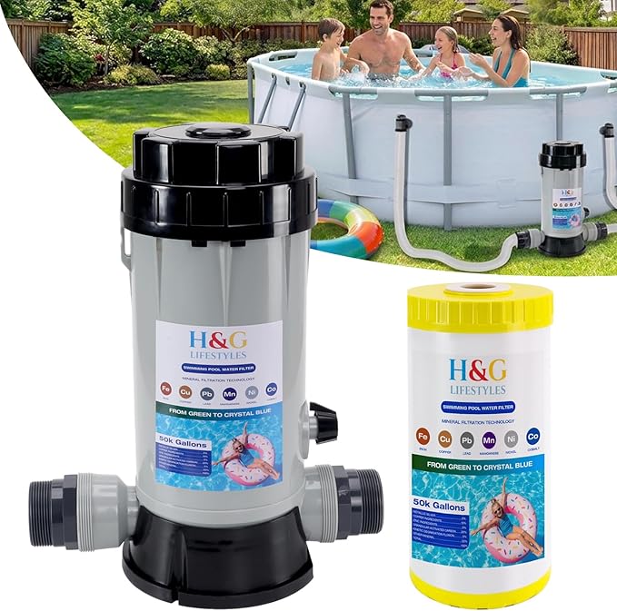 H&G Lifestyles Mineral Cartridge Pool Filter System Cycler,Above Ground Pool Cartridge Filter,Iron Filter for Well Water,Reduce Heavy Metal Chlorine,Inline Water Filtration System,Up to 50,000 Gallons