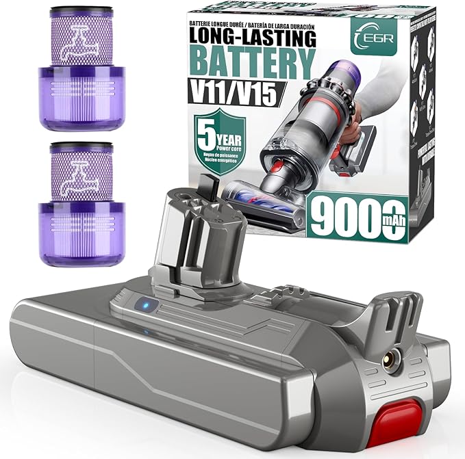 EGR 9000mAh V11/V15 Battery Replacement Compatible with Dyson Click-in Installation for Extra/Absolute/Animal/Torque/Drive/Outsize/V11/V15/SV15/SV22/970425-01 Vacuum (Not for Screw-in Models)