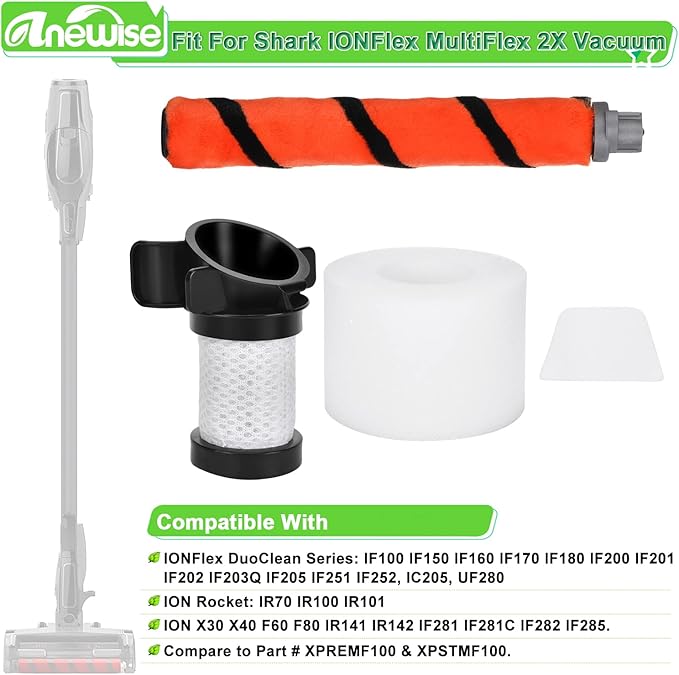 Anewise Filter Replacement for Shark ION Flex Duo Clean IF100 F80 UF280 IF200 IF201 IF202 IF203Q IF252 IF281 IF282 Cordless Vacuum, 2 HEPA + 4 Foam Felt Filters +1 Brush, Part # XPREMF100 & XPSTMF100