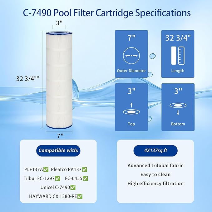 PLF137A Pool Filter Replaces PA137,Unicel C-7490 Compatible with Hayward CX1380-RE PA137,for Filbur FC-1297 FC-6455 C-5500 C5520 SD-00368 APCC7251 17-175-1339,Filter-Area: 137 Sq.ft.4Pack