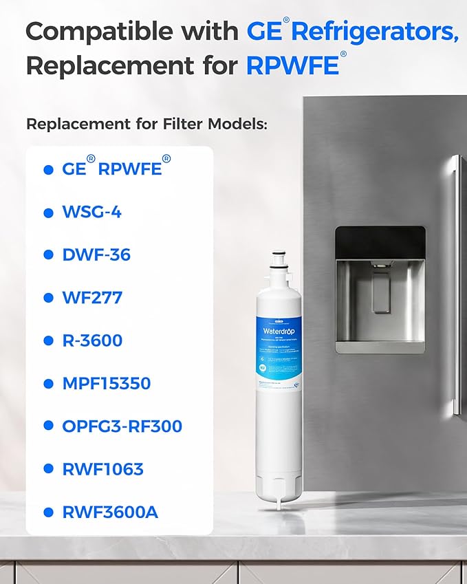 Waterdrop WD-F19C Replacement for GE® RPWFE®, RPWF (Built-in CHIP) Refrigerator Water Filter, Compatible with GFE28GYNFS, GFE28GELDS, PFE28KELDS, PFE28KYNFS, GFD28GELDS, PWE23KELDS, 2 Filters