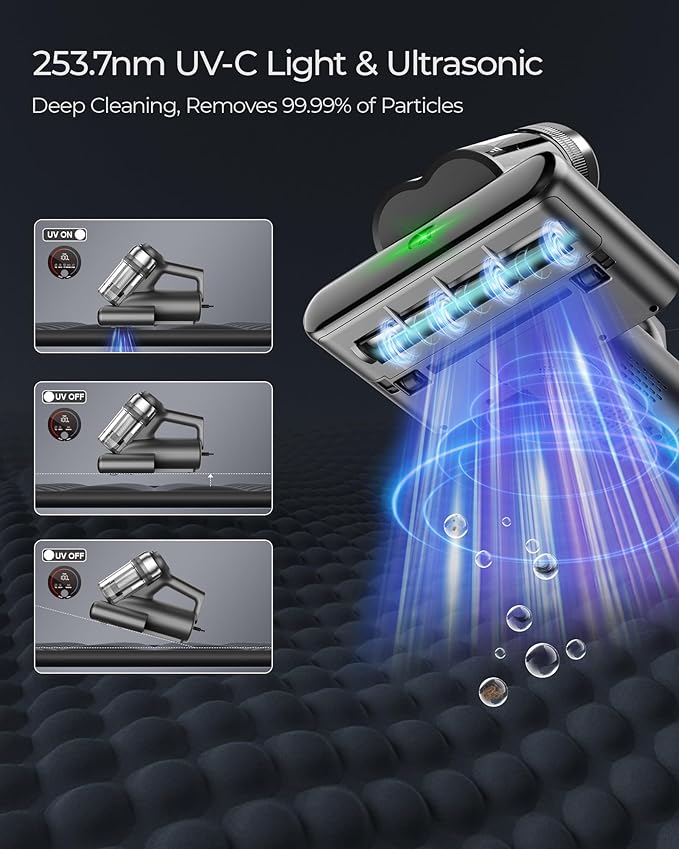 Teant Powerful Mattress Bed Vacuum Cleaner, 2-Speed (14kPa/18kPa) Mattress Vacuum with Green Light Dust Detection, 253.7nm UV-C Light, LED Display, HEPA Filter, 149℉ Heat, Aroma for Bed Couch Carpet