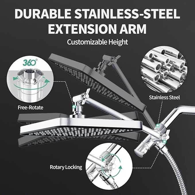 12 Inch Wide Rain Shower Head with Filtered Handheld Combo, High Pressure Rainfall Shower Head, 9 Spray Modes Handheld with 9-Inch Extension Arm, Comes with Filter Removes Chlorine (Chrome)