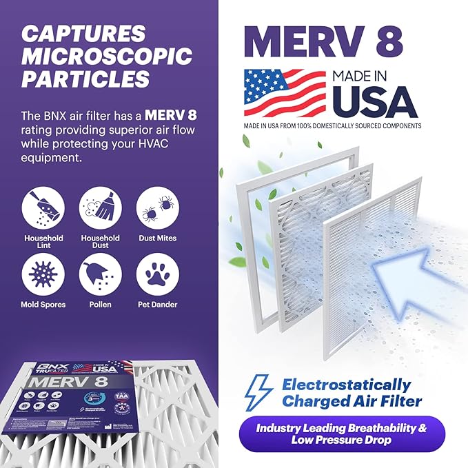 BNX TruFilter 16x25x1 Air Filter MERV 8 (6-Pack) - MADE IN USA – Dust & Pet Defense Electrostatic Pleated Air Conditioner HVAC AC Furnace Filters for Dust, Pet, Mold, Pollen MPR 600 – 700 & FPR 5