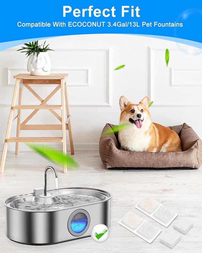 Pet Water Fountain Replacement Filters Compatible with 3.4Gal/13L Large Dog Water Fountain, Carbon and Sponge Filters for Pet Fountain Water Bowl, Filtered Dog Water Bowl (6 Pack)