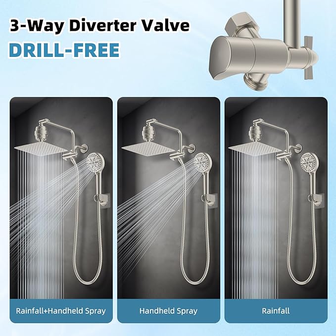 Filtered Shower Head, 10" High Pressure 10-Spray Handheld/Rainfall Shower Head Combo with 20 Stage Shower Filter, 11" Shower Extension Arm, 71" Hose, Shower Head Holder, Brushed Nickel