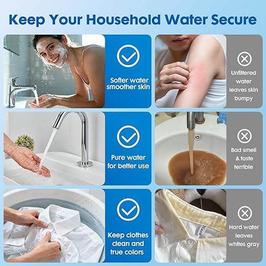 Whole House Water Filter System, 3 Stage Whole Home Water Softener System, Reduces Chlorine, Taste,Iron,Scale,Lead with Heavy Metal and Anti-Scale Filter, Includes 3 Sets Filters (2 Years use), 3/4”