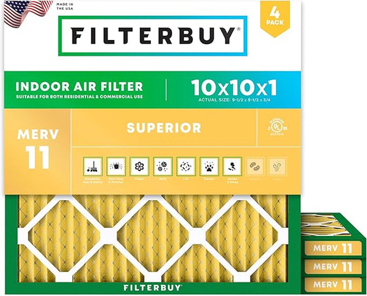 Filterbuy 10x10x1 Air Filter MERV 11 Superior Pet & Allergy Defense (4-Pack), Electrostatic Pleated HVAC AC Furnace Filters Replacement, Made in USA (Actual Size: 9.50 x 9.50 x 0.75)