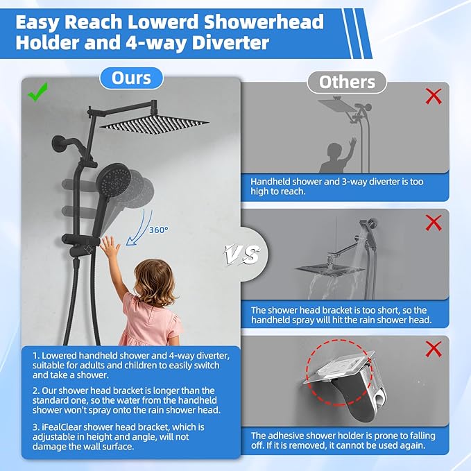 12" Black All-Metal High-Pressure Rain Shower Head with Handheld- 10-Spray Power Wash with Shower Filter, Easy Reach 4-Way Diverter with Pause Mode, Adjustable 16" Extension Arm/Holder/ 71" Hose