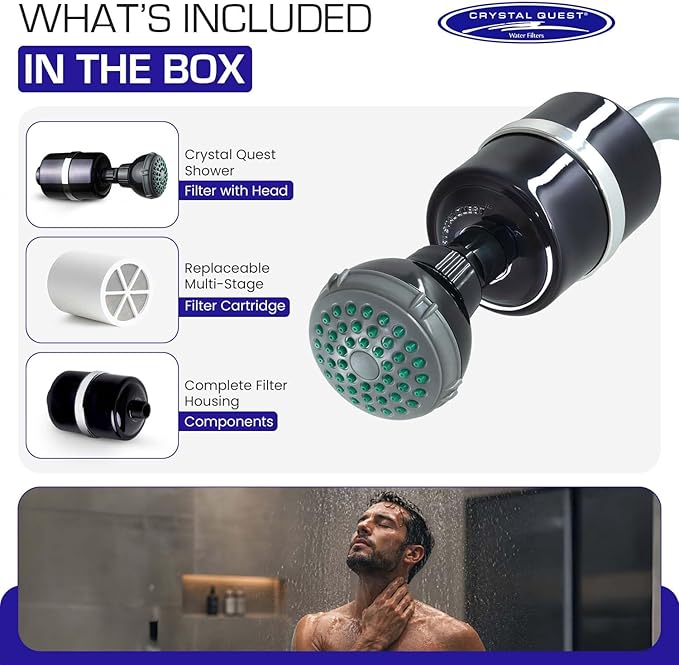 Crystal Quest Shower Filter with Head, Shower Head Filter for Hard Water, Shower Water Filter Removes Chlorine, chloramines & VOCs, Filter Shower Head, Improves Skin & Hair, Long-Lasting - Black