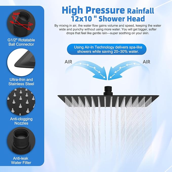 12" Black All-Metal High-Pressure Rain Shower Head with Handheld- 10-Spray Power Wash with Shower Filter, Easy Reach 4-Way Diverter with Pause Mode, Adjustable 16" Extension Arm/Holder/ 71" Hose