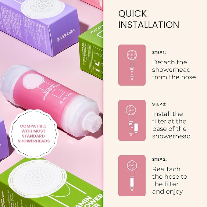Vitamin C Shower Filter and Water Softener for Hard Water - Aromatherapy Shower Head Attachment - Universal Fit, No Tools - Replenish Dry, Itchy Skin and Nourish Hair - Rose-Scented