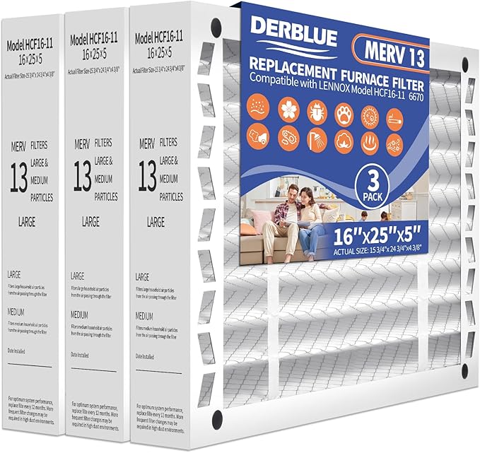DerBlue 3PACK 16x25x5 MERV 13 Furnace Filter Replacement Compatible with Lennox X6670 HCF16 Pleated HVAC,Foldable Design for Easy Installation & Space-Saving(Actual Size: 15.75 x 24.75 x 4.38in)