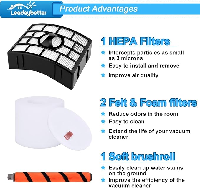 Leadaybetter Filter Replacement for Shark APEX DuoClean Lift-Away AX950 AX951 AZ1002 AZ1000 AZ1000W, 1 Black Filters, 2 Foam & Felt Filters, 1 Brush Roll, Compare to Part # XFF650 & XHF650 & 1173FT950