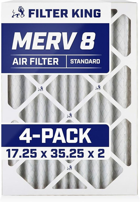 Filter King 17.25x35.25x2 Air Filter (MERV 8) (4-Pack) Dust & Allergy Control AC Furnace Filters, MADE IN USA, HVAC, Pleated, Electrostatic (Actual Size: 17.25 x 35.25 x 1.75)