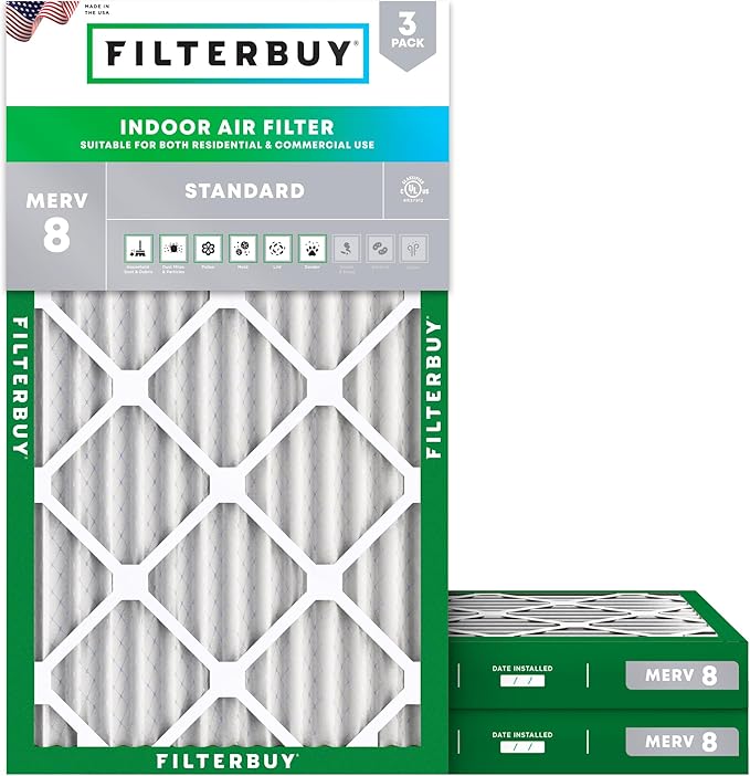 Filterbuy 12x20x2 Air Filter MERV 8 Essential Dust & Allergy Defense (3-Pack), Electrostatic Pleated HVAC AC Furnace Filters Replacement, Made in USA (Actual Size: 11.50 x 19.50 x 1.75)