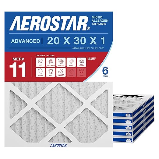 Aerostar 20x30x1 MERV 11 - 6 Count - Pleated HVAC, Furnace & Air Conditioner Filters - Removes Dust, Cold & Flu Germs, Lint, Mold, Pet Dander, Allergy-Causing Pollen, Smog & Smoke