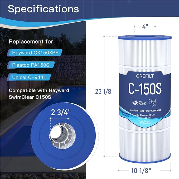 C150S Pool Filter Cartridge, Compatible with Hayward CX150XRE, Hayward SwimClear C150S, Replaces Pleatco PA150S, Ultral-D4, 150 sq.ft