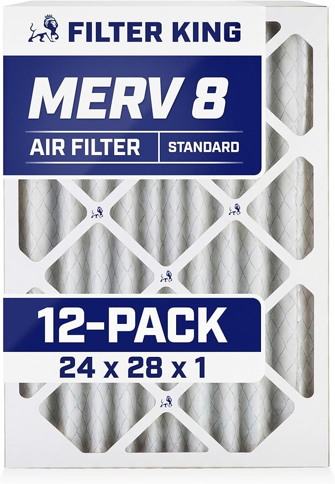 Filter King 24x28x1 Air Filter (MERV 8) (12-Pack) Dust & Allergy Control AC Furnace Filters, MADE IN USA, HVAC, Pleated, Electrostatic (Actual Size: 23.5 x 27.5 x .75)