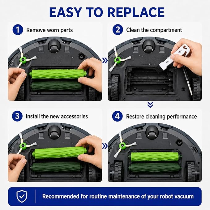 Replacement Parts & Accessories for i-Robot E, I & J Series, Combo i5, j5 Series Robot Vacuum, 2 Dual Multi-Surface Rubber Brushes & 6 HEPA Filter & 6 Edge-Sweeping Brushes