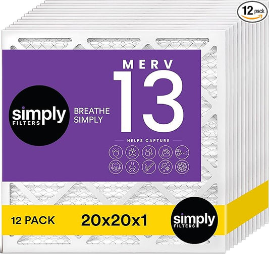 Simply 20x20x1 Air Filter, MERV 13, 12 Pack, For Home AC Furnace & HVAC (Actual Size: 19.75"x19.75"x0.75") DUST, Pet, & Allergy Control