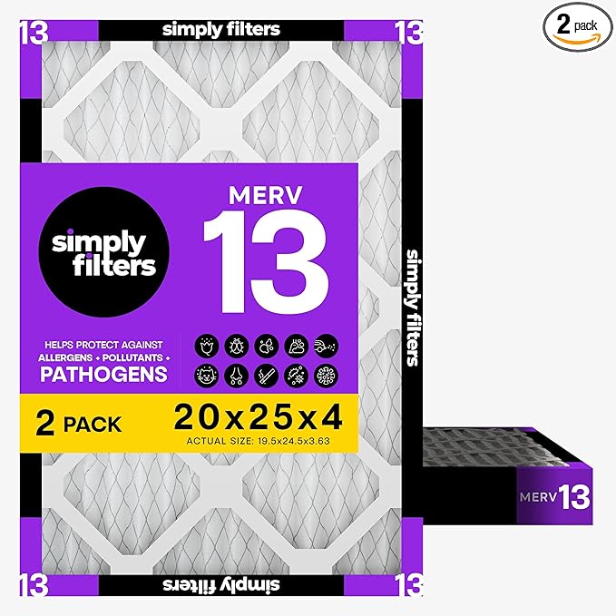 Simply 20x25x4 Air Filter, MERV 13, 2 Pack, Furnace Air Filter for HVAC (Actual Size:19.5"x24.5"x3.63") DUST, Pet, & Allergy Control