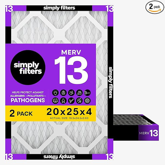 Simply 20x25x4 Air Filter, MERV 13, 2 Pack, Furnace Air Filter for HVAC (Actual Size:19.5"x24.5"x3.63") DUST, Pet, & Allergy Control