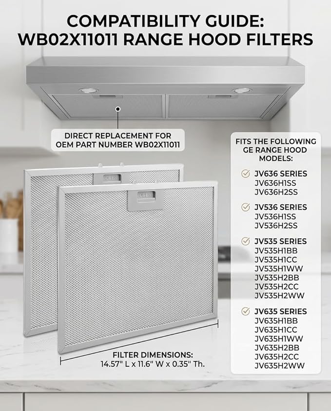 WB02X11011 Range Hood Filter 2 Pack – 14-1/2" x 11-5/8" 5-Layer Aluminum Mesh Grease Filter Replacement for GE JV636 JV536 JV535 JV635 Series Range Hoods – Dishwasher Safe