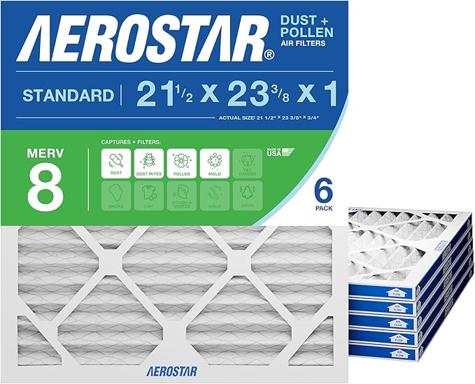 Aerostar 21.5x23.375x1 MERV 8 Pleated Air Filter, 6 Pack, AC Furnace Filters, HVAC Filter, Air Conditioner Filters, Heater Filters Replacement for Home (Actual Size: 21.5x23.375x0.75)