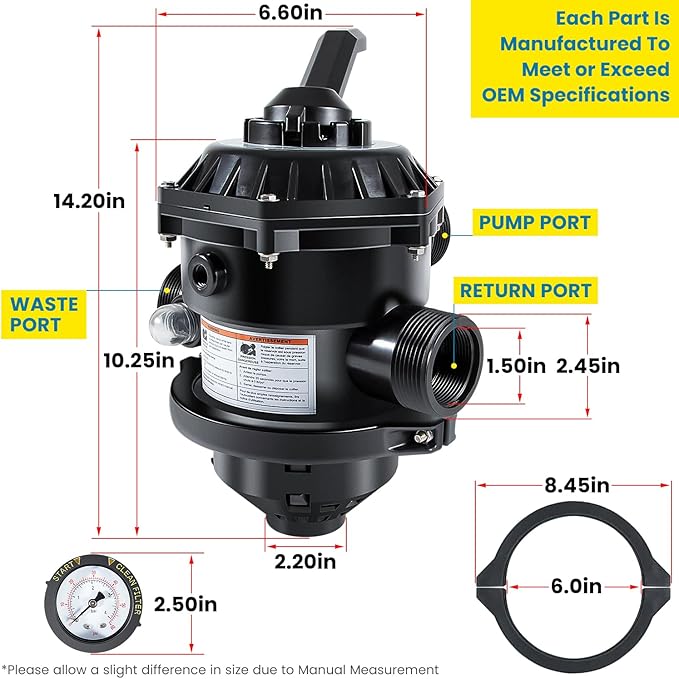 E-cowlboy 262506 1-1/2-Inch 6-Way Clamp Style Multiport Valve Top Mount for Tagelus/Sta-Rite Cristal-Flo II/Meteor/Sand Dollar/StarBright Pool and Spa Sand Filter Black