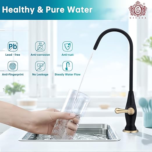 Sink Drinking Water Faucet, Stainless Steel Sink Water Filter System, Suitable for Most Reverse Osmosis or Water Filtration Systems, Reverse Osmosis Faucet for Kitchen Bar, Black+Brushed Gold