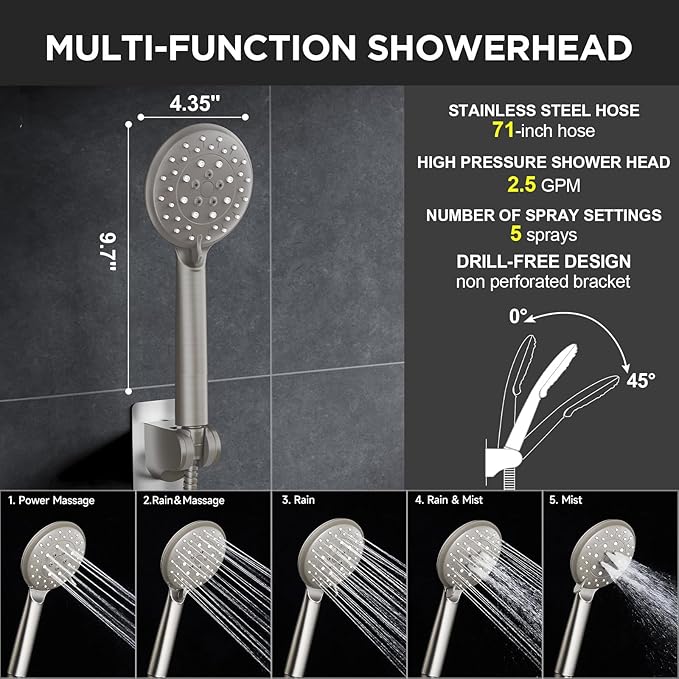 Veken 11.8" Brushed Nickel Rain Shower Head with Handheld, High Pressure Handheld Shower Heads with Multi Spray Modes,Rainfall Combo with 15" Metal Extension Arm,Detachable Dual Shower,Regaderas Para