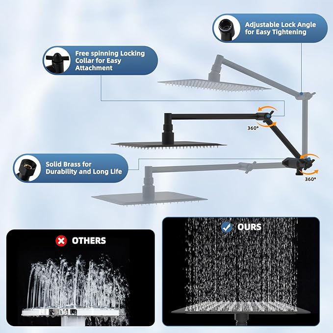 All Metal Rain Shower Head, 10” High Pressure Rainfall Shower Head with Handheld, 5" Large Handheld Showerhead Powerful Cleaning 10-Spray, 16" Shower Extension Arm Adjustable Height/Angle, Matte Black