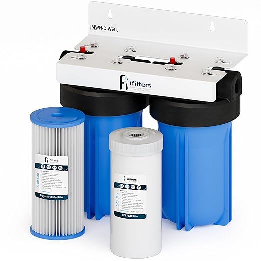 iFilters Dual Stage 4.5” x 10” Whole House Well Water Filtration System | Complete Commercial Grade System | Sediment and KDF/GAC Big Blue Filter | Removes Sediment, VOCs, Chlorine, Taste, Odor (CTO)