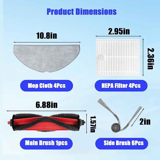 17-Piece Q7 M5 Replacement Parts Kit, Compatible with Q7 M5/Q7 TF/Q7 TF+ Robot vacuums. Includes 1 Main Brush, 6 Side Brushes, 4 HEPA Filters, 4 mop Pads, 1 Cleaning Tool, and 1 Screwdriver