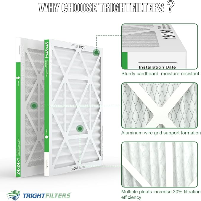 TRIGHTFILTERS 24x24x1 Air Filter 4 Pack, MERV 8 Pleated Dust Defense Air Filters Replacement Air Conditioner HVAC AC Furnace Filter, Durable and Lightweight