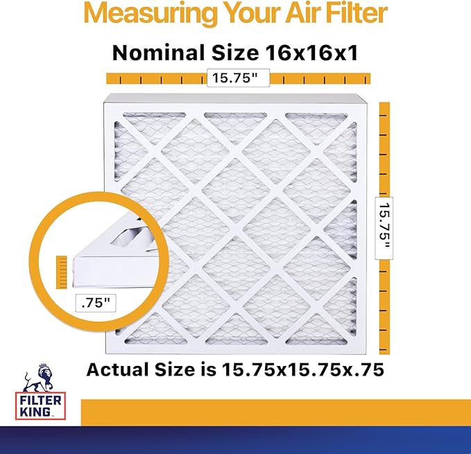 Filter King 16x16x1 Air Filter (MERV 13) (6-Pack) Dust & Allergy Control AC Furnace Filters, MADE IN USA, HVAC, Pleated, Electrostatic (Actual Size: 15.5 x 15.5 x .75)