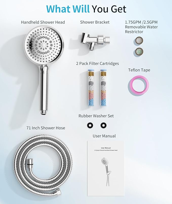 Filtered Shower Head with Handheld, 10 Spray Mode High Pressure Shower Head with Filters, Shower Filter Head for Hard Water, Powerful Spray for Cleaning, 2 Replaceable Filters Included, Chrome