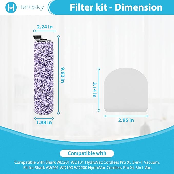 2 HydroVac Replacement Roller Filter kit for Shark AW261 WD261 WD101 AW302 WD161 WD201 WD100 WD200 WD101 HydroVac XL 3 in 1 Vacuum, Replace part WDFF1 WDB1