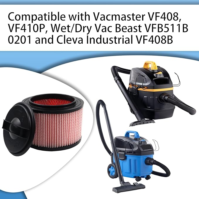 Fine Dust Cartridge Filter Compatible with Vacmaster VF408, VF410P, Wet/Dry Vac Beast VFB511B and Cleva Industrial VF408B - 2 Pack Vacuum Filters and Foam Filters